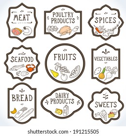 Hand Drawn Food Badges Set. Vector illustration, eps10.