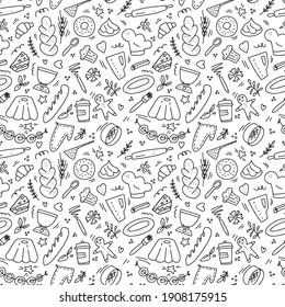 Hand drawn food bakery doodle seamless pattern isolated on white background. Vector illustration. Design for backdroup, textile, wallpaper, wrapping, menu, cafe, restaurant