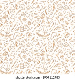 Hand drawn food bakery doodle seamless pattern isolated on white background. Vector illustration. Design for backdroup, textile, wallpaper, wrapping, menu, cafe, restaurant