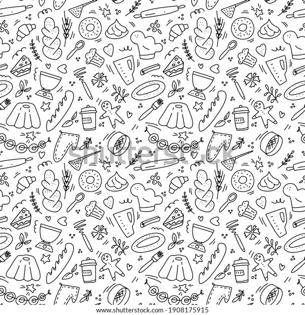 Hand drawn\
food bakery doodle seamless pattern isolated on white background.\
Vector illustration. Design for backdroup, textile, wallpaper,\
wrapping, menu, cafe,\
restaurant