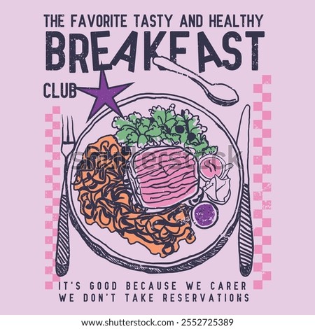 Hand drawn Food. Breakfast menu. summer print. retro color art. funny slogan text. tasty and healthy food. t shirt print. girls graphic.