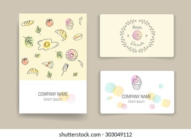 Hand drawn food cards. Business card. Doodle set. Invitation. Food Posters set. Vector business set template with hand drawn food. Restaurant or cafe elements. Flyer design with cupcakes and sweets. 