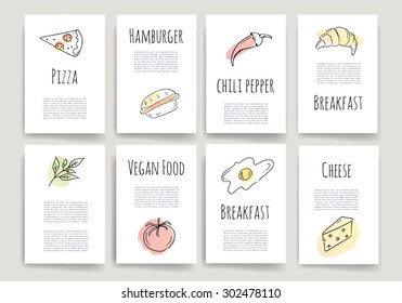 Hand drawn food cards.Doodle set. Invitation. Food Posters set. Minimalistic and stylish card design. Vector illustration.