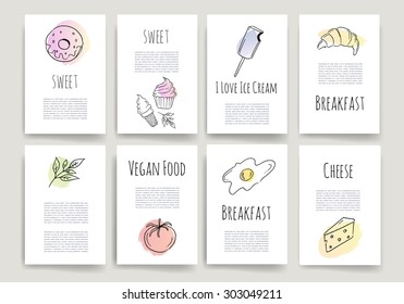 Hand drawn food cards.Doodle set. Invitation. Food Posters set. Minimalistic and stylish card design. Vector illustration.