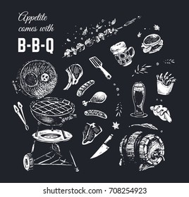 Hand drawn food chalk on black board - barbecue, meat, beer in barrel & fast food. Composition for black wall & posters in cafe & restaurant. Isolated vector