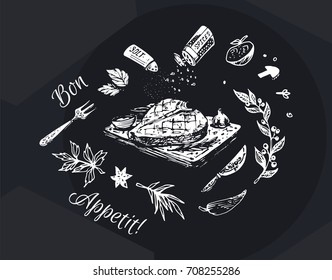 Hand drawn food chalk on black - fried steak, vegetables & spices. Bon Appetit! composition for design of posters & black walls in cafe & restaurant. Isolated vector