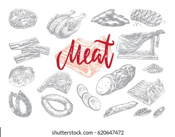 Hand drawn food collection with chicken beef pork bacon meat steak ham salami slices sausages isolated vector illustration