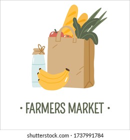 Hand drawn food in craft paper bag isolated on white background. Vector banner template of a eco friendly, green lifestyle, healthy eating, farmers vegetables, local business support