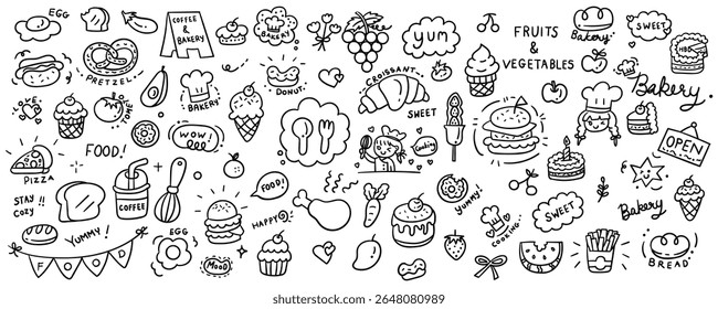 Conjunto de conceito de doodle de linha de elemento de sobremesa desenhado à mão. Design vetorial de ilustração.