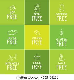 Hand drawn food dietary label set. White on natural nuances of green color square background.