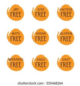 Hand drawn food dietary label set. Natural colors. Brown on orange round grunge splash background.