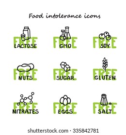 Hand drawn food dietary label set. Black with green "free" as a background.