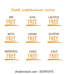 Hand drawn food dietary label set. Scribble orange and brown signs. Free is underlined.