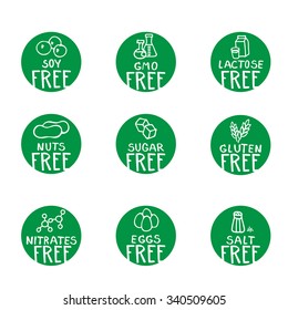 Hand drawn food dietary label set. White on natural nuances of green color grunge background.