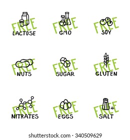 Hand drawn food dietary label set. Black with green "free" on the back.