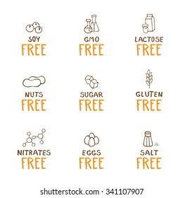 Hand drawn food dietary label set. Scribble orange and brown signs.