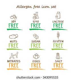 Hand drawn food dietary label set. Colors of nature: brown sign with green and orange underlined "free".