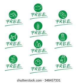 Hand drawn food dietary label set. Green icons with round background for sign and underlined "free".