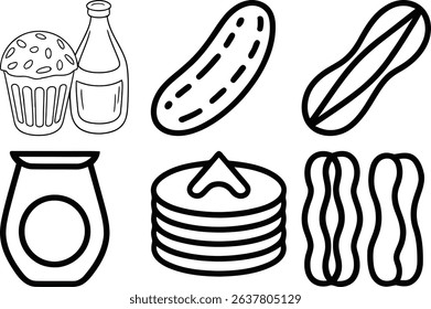 Hand Drawn Food Doodle Icons – Muffin, Pancakes, Pickle, Syrup, Bottle and Snacks