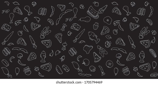 Hand drawn food doodle set illustration. Vintage pastry, desserts, cakes, vegetables, burger, pizza sketches for restaurant or cafeteria. Vector graphic, stylized image set graphic element for menu