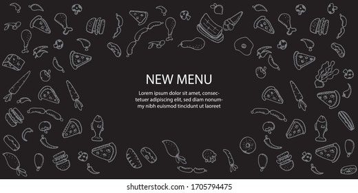 Hand drawn food doodle set illustration. Vintage pastry, desserts, cakes, vegetables, burger, pizza sketches for restaurant or cafeteria. Vector graphic, stylized image set graphic element for menu