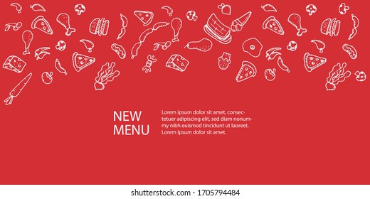 Hand drawn food doodle set illustration. Vintage pastry, desserts, cakes, vegetables, burger, pizza sketches for restaurant or cafeteria. Vector graphic, stylized image set graphic element for menu