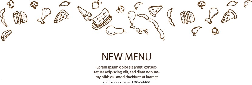 Hand drawn food doodle set illustration. Vintage pastry, desserts, cakes, vegetables, burger, pizza sketches for restaurant or cafeteria. Vector graphic, stylized image set graphic element for menu