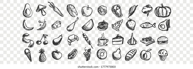 Hand drawn food doodle set. Collection of pen ink pencil drawing sketches of fruits vegetables sweets and drinks isolated on transparent background. Illustration of healthy and junk nutrition