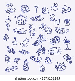 Hand drawn food doodles illustration set. Sketch style delivery cafe and restaurant icons. Set vector illustration doodles of food, drink, dessert, beverage for invitations, menus and parties. 