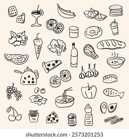 Hand drawn food doodles illustration set. Sketch style delivery cafe and restaurant icons. Set vector illustration doodles of food, drink, dessert, beverage for invitations, menus and parties. 