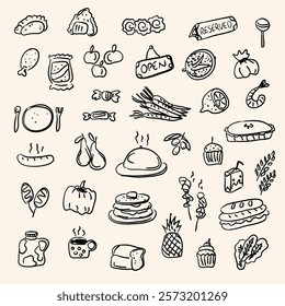 Hand drawn food doodles illustration set. Sketch style delivery cafe and restaurant icons. Set vector illustration doodles of food, drink, dessert, beverage for invitations, menus and parties. 