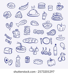 Hand drawn food doodles illustration set. Sketch style delivery cafe and restaurant icons. Set vector illustration doodles of food, drink, dessert, beverage for invitations, menus and parties. 