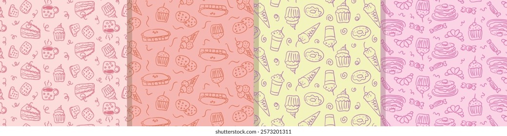 Hand drawn food doodles pattern set. Sketch style delivery cafe and restaurant background. Set vector doodle pattern of food, drink, dessert, for invitations, menus for confectionery. 