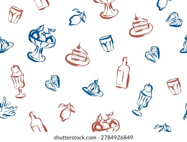 Hand drawn food doodles vector seamless pattern, Whimsical line art with cake, lemon, wine, and ice cream vector, Kitchen wallpaper, restaurant and cafe background texture 