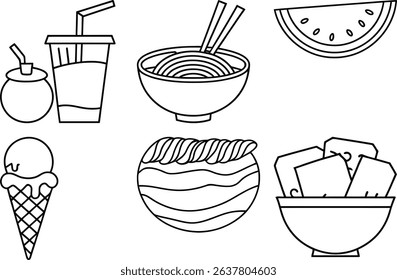 Hand Drawn Food and Drink Doodle Icons – Juice, Coconut Water, Noodles, Ice Cream, Watermelon  Tea