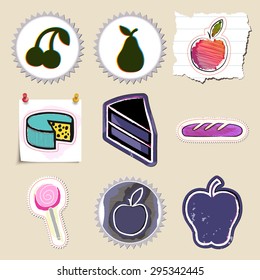 Hand drawn food and drink emblems set. Isolated. Stickers