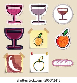 Hand drawn food and drink emblems set. Isolated. Stickers