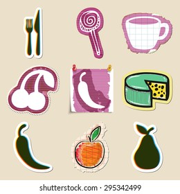 Hand drawn food and drink emblems set. Isolated. Stickers