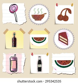 Hand drawn food and drink emblems set. Isolated. Stickers