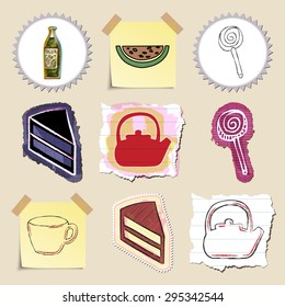 Hand drawn food and drink emblems set. Isolated. Stickers