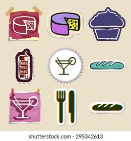 Hand drawn food and drink emblems set. Isolated. Stickers