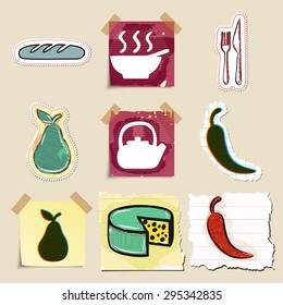 Hand drawn food and drink emblems set. Isolated. Stickers