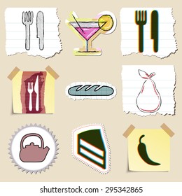 Hand drawn food and drink emblems set. Isolated. Stickers