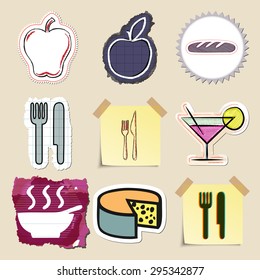 Hand drawn food and drink emblems set. Isolated. Stickers