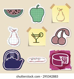 Hand drawn food and drink emblems set. Isolated. Stickers