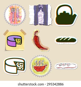 Hand drawn food and drink emblems set. Isolated. Stickers