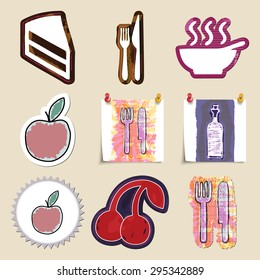 Hand drawn food and drink emblems set. Isolated. Stickers