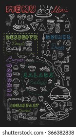 Hand drawn food and drink icons on blackboard. Restaurant menu design elements with chalk drawn style