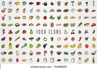 Hand Drawn Food and Drink Icons - Breakfast, Lunch, Dinner, Drinks, Desserts, Fruits, Vegetables and more