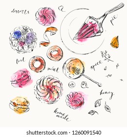 Hand drawn food and drink illustration. Ink and watercolor sketch of honey, apple tart, zest, berry tart, rhubarb tart, marshmallow, macaroon, bagels. For tea room and menu background design.